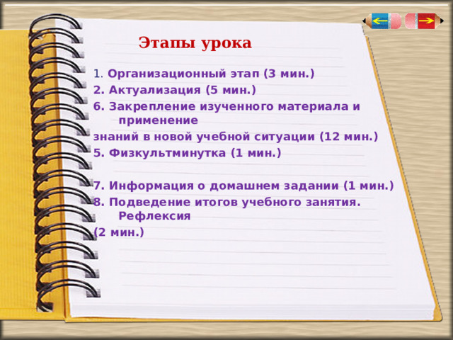 Этапы урока 1. Организационный этап (3 мин.) 2. Актуализация (5 мин.) 6. Закрепление изученного материала и применение знаний в новой учебной ситуации ( 12 мин.) 5. Физкультминутка (1 мин.)  7. Информация о домашнем задании (1 мин.) 8. Подведение итогов учебного занятия. Рефлексия ( 2 мин.)  