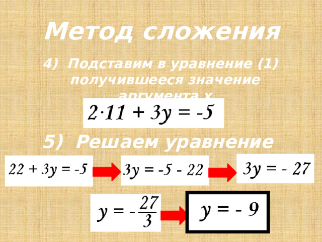 Метод сложения 4) Подставим в уравнение (1) получившееся значение аргумента x 5) Решаем уравнение 