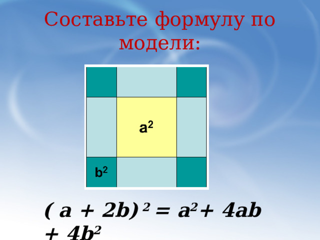Составьте формулу по модели: ( а + 2b) 2 = а 2 + 4аb + 4b 2 