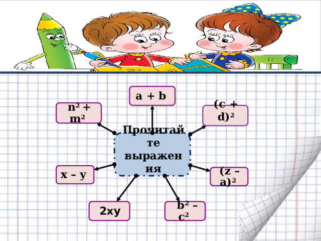 а + b n 2 + m 2  (c + d) 2 Прочитайте выражения x – у (z –a) 2   b 2 – c 2   2ху 