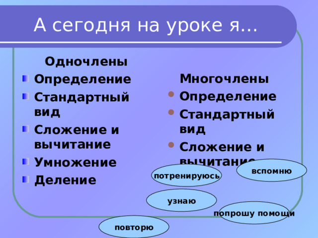 А сегодня на уроке я… Одночлены Определение Стандартный вид Сложение и вычитание Умножение Деление  Многочлены Определение Стандартный вид Сложение и вычитание вспомню потренируюсь узнаю попрошу помощи повторю 
