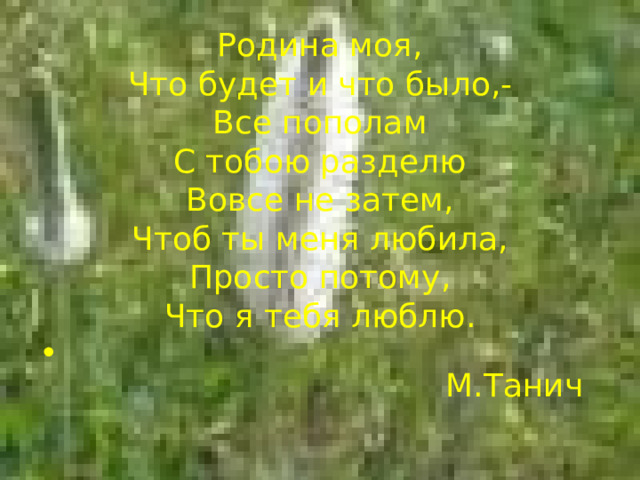 Родина моя, Что будет и что было,- Все пополам С тобою разделю Вовсе не затем, Чтоб ты меня любила, Просто потому, Что я тебя люблю.  М.Танич 