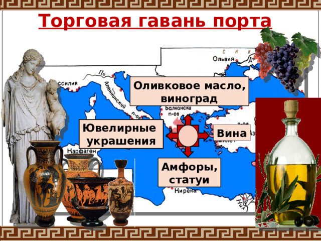 Торговая гавань порта Оливковое масло, виноград Ювелирные украшения Вина Амфоры, статуи 