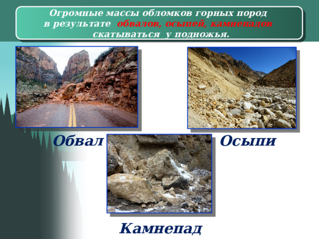 Огромные массы обломков горных пород в результате обвалов, осыпей, камнепадов  скатываться у подножья. Обвал Осыпи Камнепад 