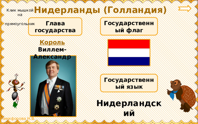 Нидерланды (Голландия) Клик мышкой на  прямоугольник Государственный флаг Глава государства Король Виллем-Александр Государственный язык Нидерландский 