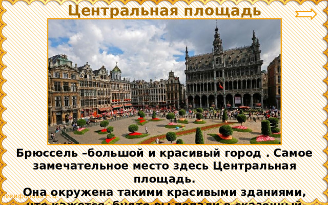 Центральная площадь Брюсселя Брюссель –большой и красивый город . Самое замечательное место здесь Центральная площадь.  Она окружена такими красивыми зданиями, что кажется, будто вы попали в сказочный город. 