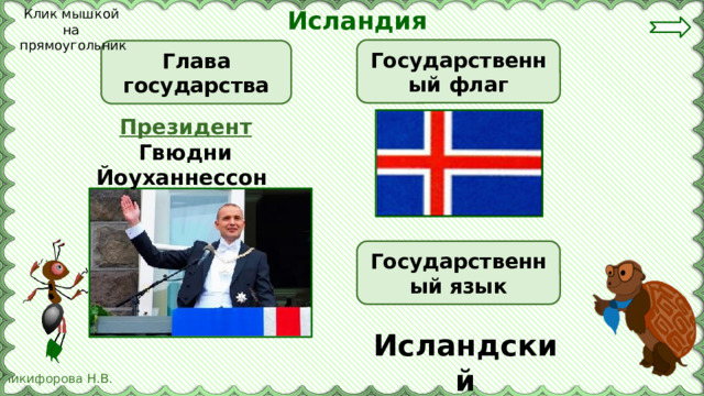 Исландия Клик мышкой на  прямоугольник Государственный флаг Глава государства Президент Гвюдни Йоуханнессон Государственный язык Исландский 