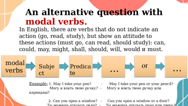 An alternative question with modal verbs.   In English, there are verbs that do not indicate an action (go, read, study), but show an attitude to these actions (must go, can read, should study): can, could, may, might, shall, should, will, would и must. modal verbs … … Predicate Subject Example: 1. May I take your pen? - May I take your pen or your pencil?  Могу я взять твою ручку? - Могу я взять твою ручку или карандаш?  2. Can you open a window? - Can you open a window or a door?  Ты можешь открыть окно? - Ты можешь открыть окно или дверь? 
