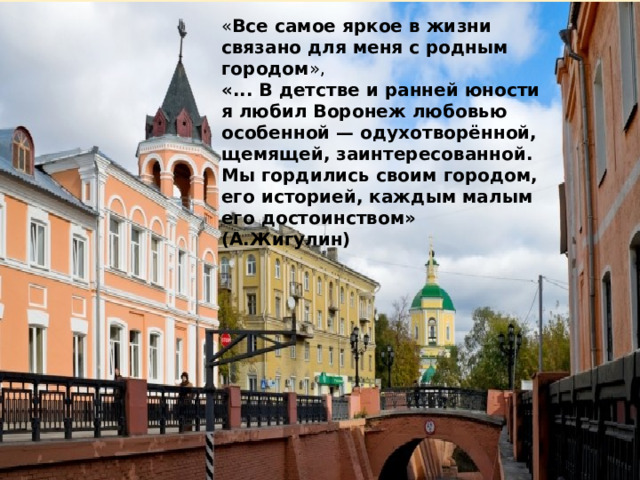 « Все самое яркое в жизни связано для меня с родным городом », «... В детстве и ранней юности я любил Воронеж любовью особенной — одухотворённой, щемящей, заинтересованной. Мы гордились своим городом, его историей, каждым малым его достоинством» (А.Жигулин) 