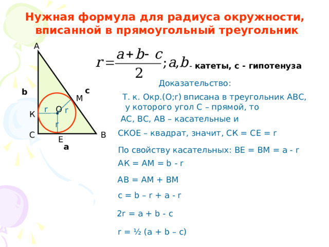 Нужная формула для радиуса окружности,  вписанной в прямоугольный треугольник А  - катеты, с - гипотенуза Доказательство: c b Т. к. Окр.(О;r) вписана в треугольник АВС,  у которого угол С – прямой, то М О r r К АС, ВС, АВ – касательные и r СКОЕ – квадрат, значит, СК = СЕ = r В С Е a По свойству касательных: ВЕ = ВМ = а - r АК = АМ = b - r  AB = AM + BM c = b – r + a - r 2r = a + b - c r = ½ (a + b – c) 