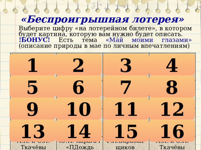 «Беспроигрышная лотерея» Выберите цифру «на лотерейном билете», в котором будет картина, которую вам нужно будет описать. !БОНУС! Есть тема «Май моими глазами» (описание природы в мае по личным впечатлениям) Ю.П. Карагач БОНУС! «Дождь прошёл» Ю.П. Карагач «Май моими глазами» А.П. и С.П. Ткачёвы «Май сорок пятого» «Дождь прошёл» Г.И.Барабан-щиков «Выпускники» БОНУС! А.П. и С.П. Ткачёвы «Май сорок пятого» «Май моими глазами» Г.И.Барабан-щиков «Выпускники» БОНУС! А.П. и С.П. Ткачёвы «Май сорок пятого» Г.И.Барабан-щиков «Выпускники» «Май моими глазами» Ю.П. Карагач БОНУС! «ПДождь прошёл» Г.И.Барабан-щиков «Выпускники» «Май моими глазами» Ю.П. Карагач «Дождь прошёл» А.П. и С.П. Ткачёвы «Май сорок пятого» 2 3 4 1 7 8 6 5 9 10 11 12 13 14 15 16 