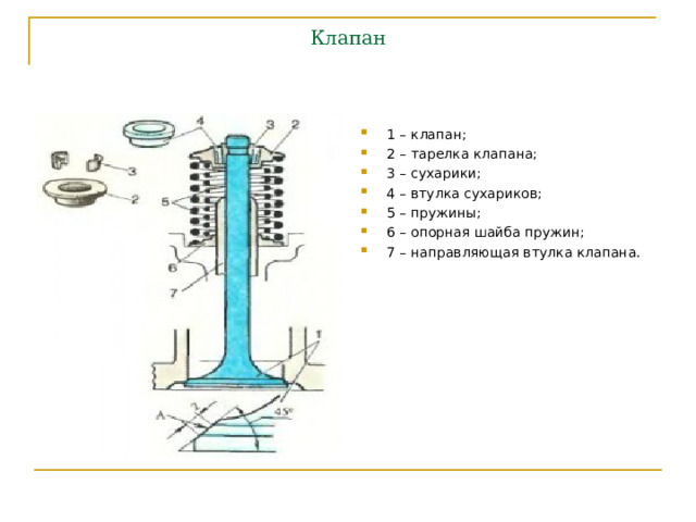 Клапан 1 – клапан; 2 – тарелка клапана; 3 – сухарики; 4 – втулка сухариков; 5 – пружины; 6 – опорная шайба пружин; 7 – направляющая втулка клапана.  