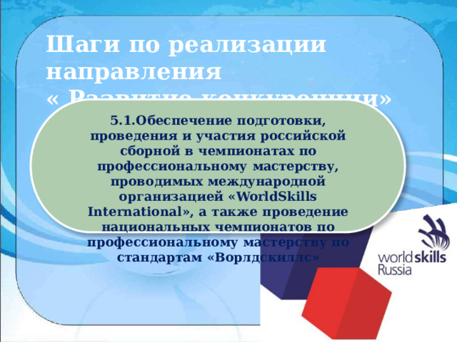 Шаги  по  реализации  направления  «  Развитие  конкуренции» 5.1.Обеспечение  подготовки,  проведения  и участия российской  сборной  в  чемпионатах  по профессиональному  мастерству,  проводимых международной  организацией  «WorldSkills International»,  а  также  проведение  национальных чемпионатов  по  профессиональному  мастерству  по стандартам  «Ворлдскиллс» 