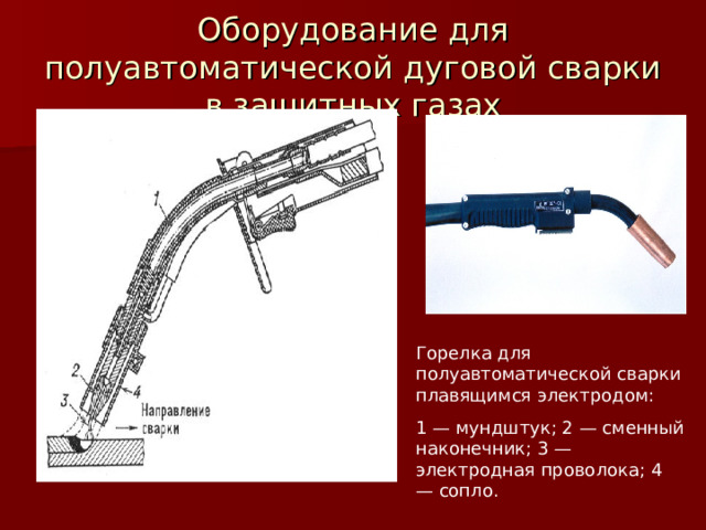 Оборудование для полуавтоматической дуговой сварки в защитных газах Горелка для полуавтоматической сварки плавящимся электродом: 1 — мундштук; 2 — сменный наконечник; 3 — электродная проволока; 4 — сопло. 