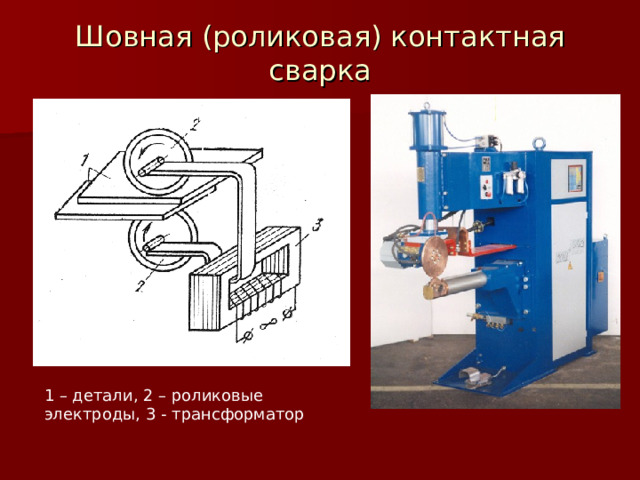 Шовная (роликовая) контактная сварка 1 – детали, 2 – роликовые электроды, 3 - трансформатор 