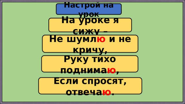 Настрой на урок  На уроке я сижу –  Не шумл ю и не кричу, Руку тихо поднима ю , Если спросят, отвеча ю . 