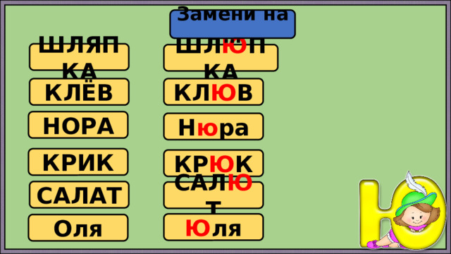 Замени на … ШЛЯПКА ШЛ Ю ПКА КЛЁВ КЛ Ю В НОРА Н ю ра КРИК КР Ю К САЛАТ САЛ Ю Т Ю ля Оля 