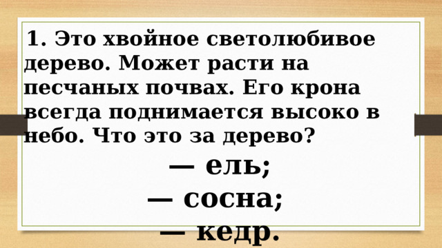  1. Это хвойное светолюбивое дерево. Может расти на песчаных почвах. Его крона всегда поднимается высоко в небо. Что это за дерево? — ель; — сосна; — кедр. 