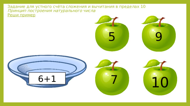 Задание для устного счёта сложения и вычитания в пределах 10  Принцип построения натурального числа  Реши пример 5 9 7 10 6+1 