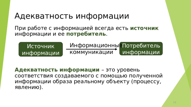 Адекватность информации При работе с информацией всегда есть источник информации и ее потребитель . Адекватность информации – это уровень соответствия создаваемого с помощью полученной информации образа реальному объекту (процессу, явлению).  Потребитель информации Источник информации Информационные коммуникации 11 