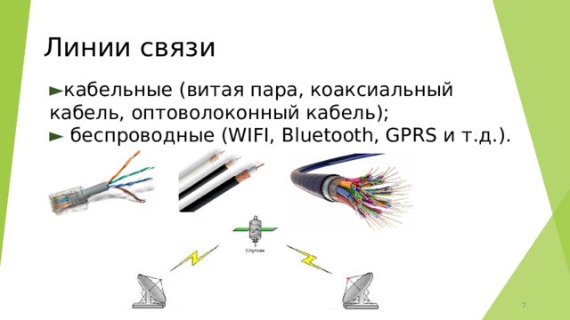 Линии связи ► кабельные (витая пара, коаксиальный кабель, оптоволоконный кабель);  ► беспроводные (WIFI, Bluetooth, GPRS и т.д.). 6 