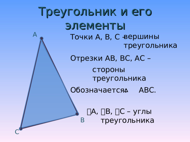 Треугольник и его элементы А вершины треугольника Точки А, В, С – Отрезки АВ, ВС, АС – Обозначается: АВС. ⦟ А, ⦟В, ⦟С – углы треугольника стороны треугольника В С 