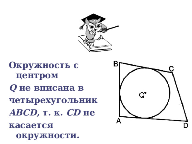 Окружность с центром Q не вписана в четырехугольник ABCD, т. к. CD не касается окружности. 