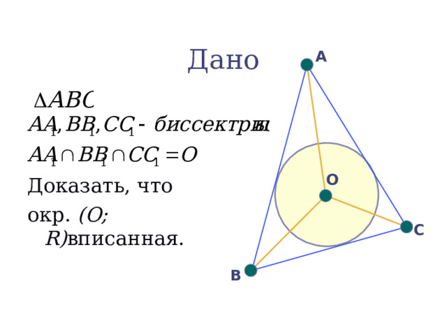 Дано А Доказать, что окр. (О ; R) вписанная. О С В 