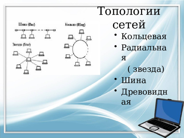 Топологии сетей Кольцевая Радиальная  ( звезда) Шина Древовидная 