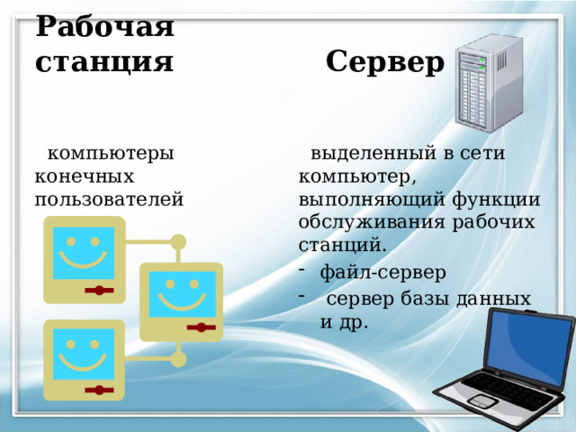 Рабочая станция Сервер  компьютеры конечных пользователей  выделенный в сети компьютер, выполняющий функции обслуживания рабочих станций. файл-сервер  сервер базы данных и др. 