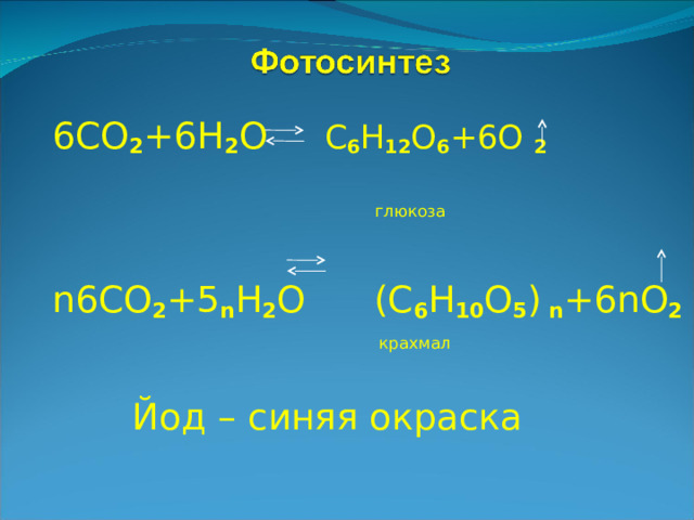 6 CO 2 +6H 2 O C 6 H 12 O 6 +6O 2   глюкоза n 6 CO 2 +5 n H 2 O (C 6 H 10 O 5 )  n +6nO 2  крахмал   Йод – синяя окраска 