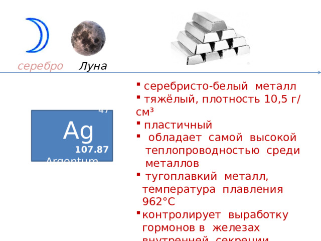  Луна серебро   серебристо-белый металл  тяжёлый, плотность 10,5 г/см³  пластичный  обладает самой высокой теплопроводностью среди металлов  тугоплавкий металл, температура плавления 962°C контролирует выработку гормонов в железах внутренней секреции 47 Ag  107.87 Argentum 