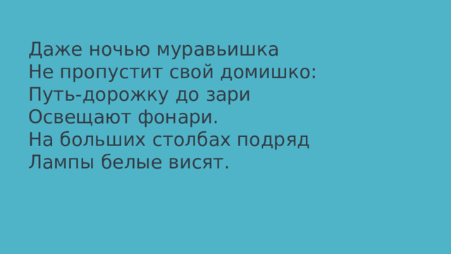Даже ночью муравьишка  Не пропустит свой домишко:  Путь-дорожку до зари  Освещают фонари.  На больших столбах подряд   Лампы белые висят. 