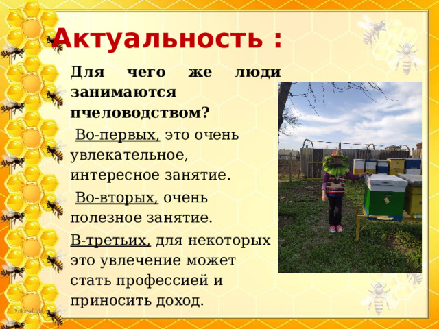 Актуальность : Для чего же люди занимаются пчеловодством?  Во-первых, это очень увлекательное, интересное занятие.  Во-вторых, очень полезное занятие. В-третьих, для некоторых это увлечение может стать профессией и приносить доход. 