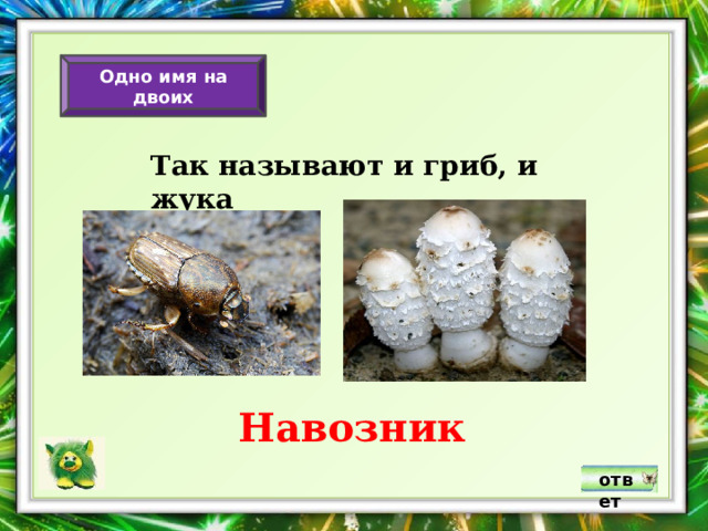 Одно имя на двоих Так называют и гриб, и жука Навозник ответ 