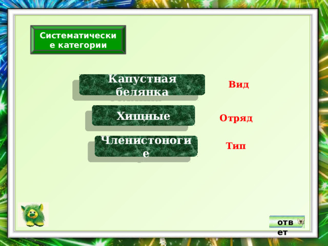 Систематические категории  Капустная белянка  Вид  Хищные  Отряд  Членистоногие  Тип ответ 