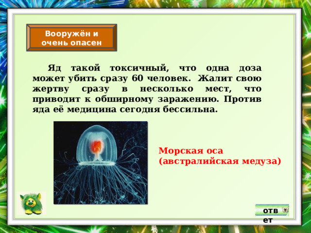 Вооружён и очень опасен  Яд такой токсичный, что одна доза может убить сразу 60 человек. Жалит свою жертву сразу в несколько мест, что приводит к обширному заражению. Против яда её медицина сегодня бессильна. Морская оса (австралийская медуза) ответ 