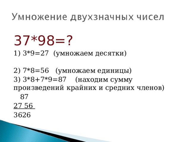 37*98=? 1) 3*9=27 (умножаем десятки) 2) 7*8=56 (умножаем единицы) 3) 3*8+7*9=87 (находим сумму произведений крайних и средних членов)  87 27 56 3626 