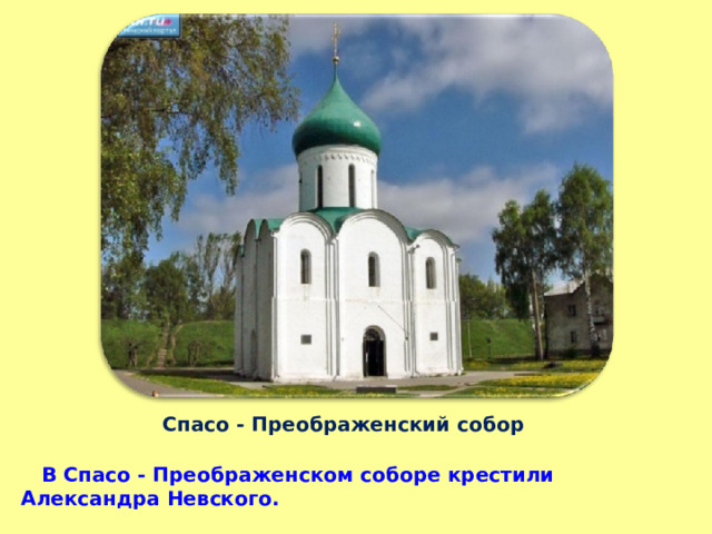 Спасо - Преображенский собор  В Спасо - Преображенском соборе крестили Александра Невского. 