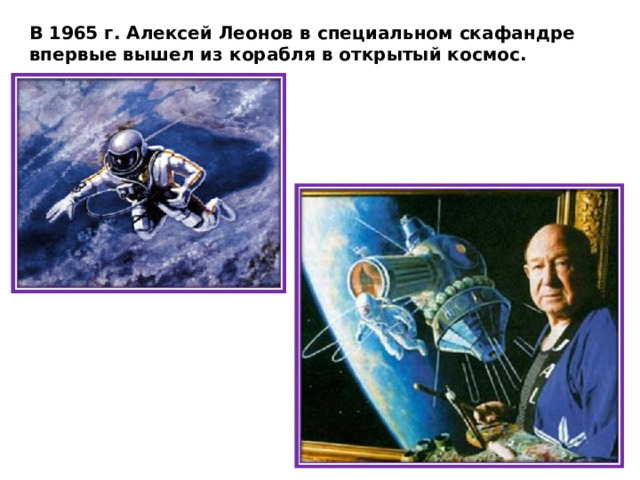 В 1965 г. Алексей Леонов в специальном скафандре впервые вышел из корабля в открытый космос. 