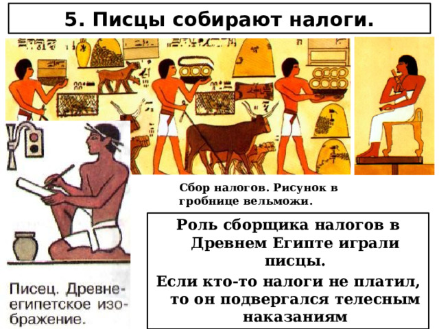 5. Писцы собирают налоги. Сбор налогов. Рисунок в гробнице вельможи. Роль сборщика налогов в Древнем Египте играли писцы. Если кто-то налоги не платил, то он подвергался телесным наказаниям 05/22/2023  