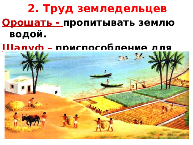 2. Труд земледельцев Орошать - пропитывать землю водой. Шадуф – приспособление для полива. 