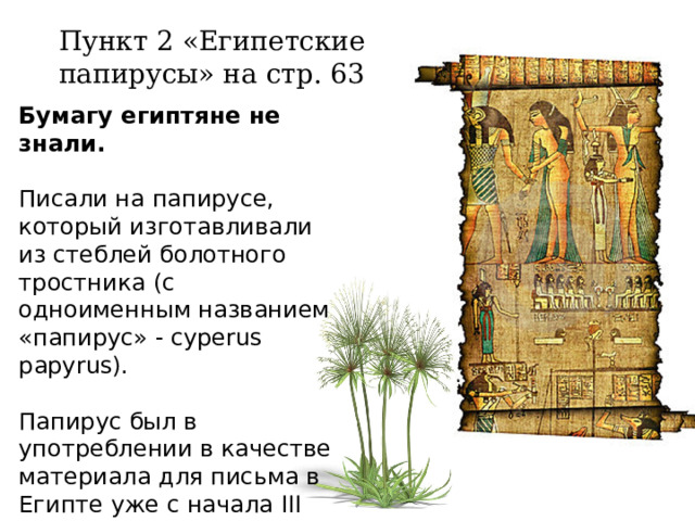 Пункт 2 «Египетские папирусы» на стр. 63 Бумагу египтяне не знали. Писали на папирусе, который изготавливали из стеблей болотного тростника (с одноименным названием «папирус» - cyperus papyrus). Папирус был в употреблении в качестве материала для письма в Египте уже с начала III тысячелетия до н.э. 