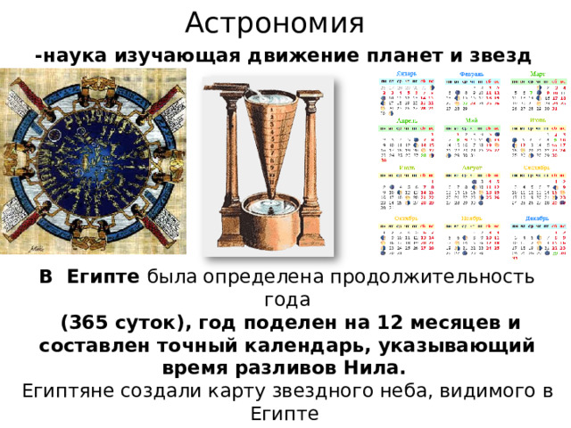 Астрономия -наука изучающая движение планет и звезд В Египте была определена продолжительность года  (365 суток), год поделен на 12 месяцев и составлен точный календарь, указывающий время разливов Нила. Египтяне создали карту звездного неба, видимого в Египте Для измерения времени они использовали водяные часы. 