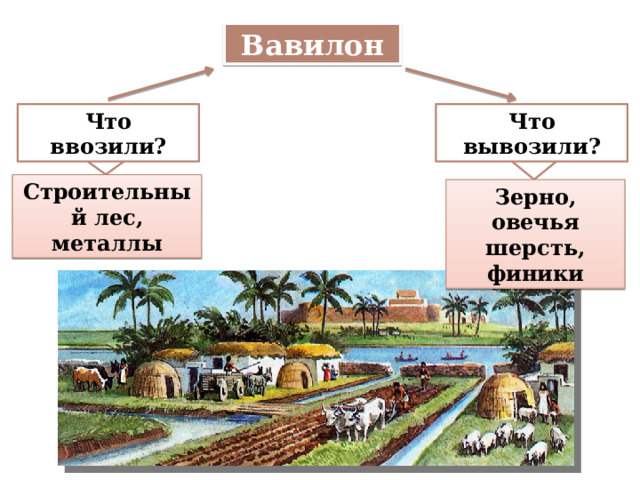 Вавилон Что вывозили? Что ввозили? Строительный лес, металлы Зерно, овечья шерсть, финики 