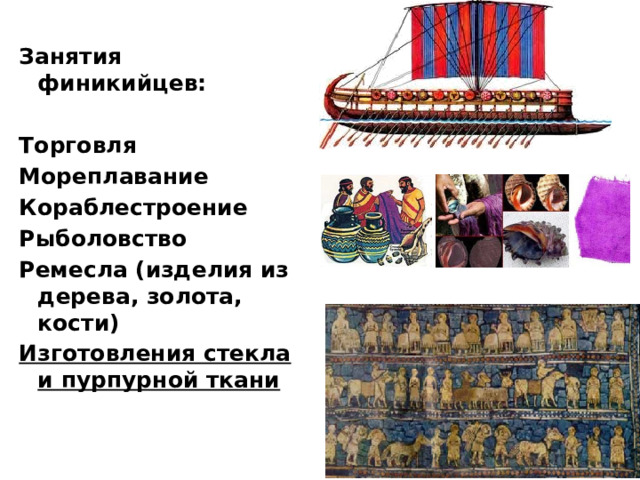 Занятия финикийцев:  Торговля Мореплавание Кораблестроение Рыболовство Ремесла (изделия из дерева, золота, кости) Изготовления стекла и пурпурной ткани  