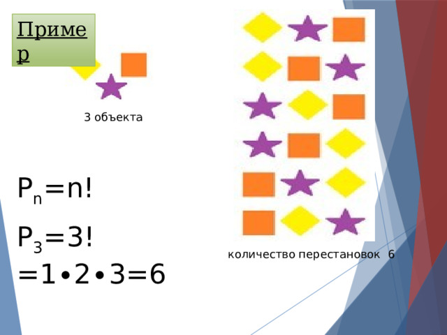 Пример 3 объекта Р n =n! Р 3 =3!=1 ∙2∙3=6 количество перестановок 6 