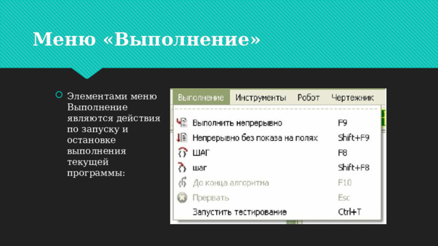 Меню «Выполнение» Элементами меню Выполнение являются действия по запуску и остановке выполнения текущей программы: 