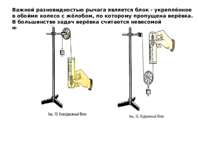 Важной разновидностью рычага является блок - укреплённое в обойме колесо с жёлобом, по которому пропущена верёвка. В большинстве задач верёвка считается невесомой нерастяжимой нитью. 