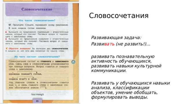 Словосочетания Развивающая задача: Разви вать (не развить!)…  развивать познавательную активность обучающихся, развивать навыки культурной коммуникации.  Развивать у обучающихся навыки анализа, классификации объектов, умение обобщать, формулировать выводы.   